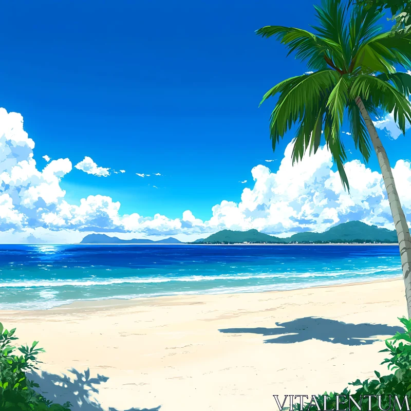 Tranquil Beach Scene with Ocean and Palm Tree AI Image