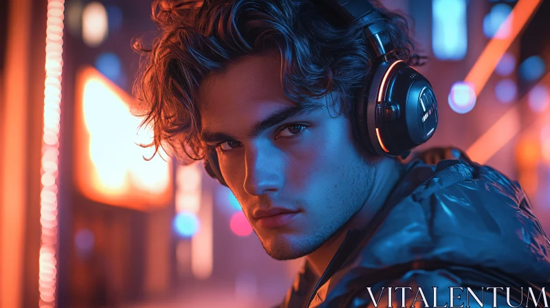 Young Person in Neon-Lit City with Headphones AI Image