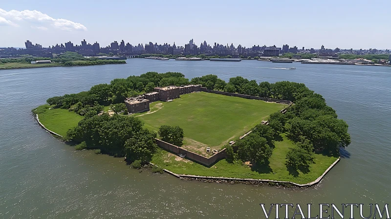 Fortified Island in River with Urban Backdrop AI Image