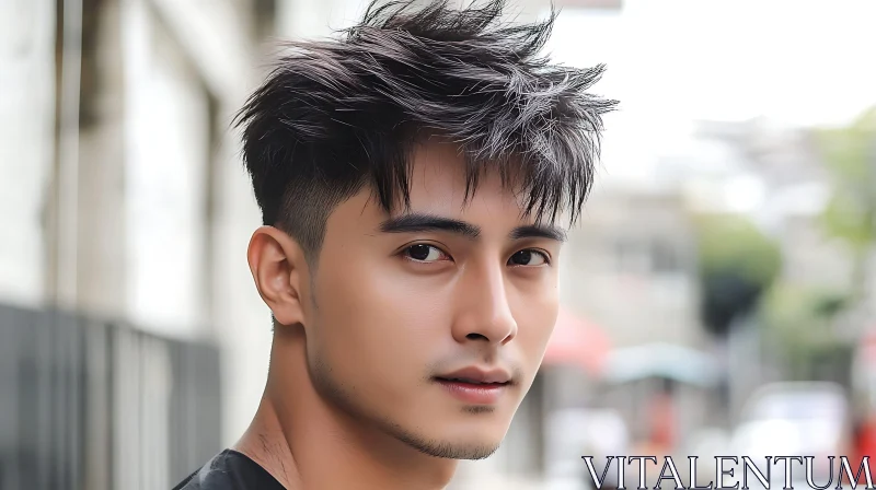 Young Man with Styled Hair in Urban Scene AI Image