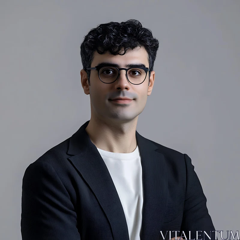 Confident Man Portrait with Black Jacket and Glasses AI Image