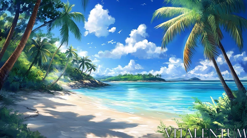 Scenic Tropical Beach with Crystal-Clear Water and Greenery AI Image