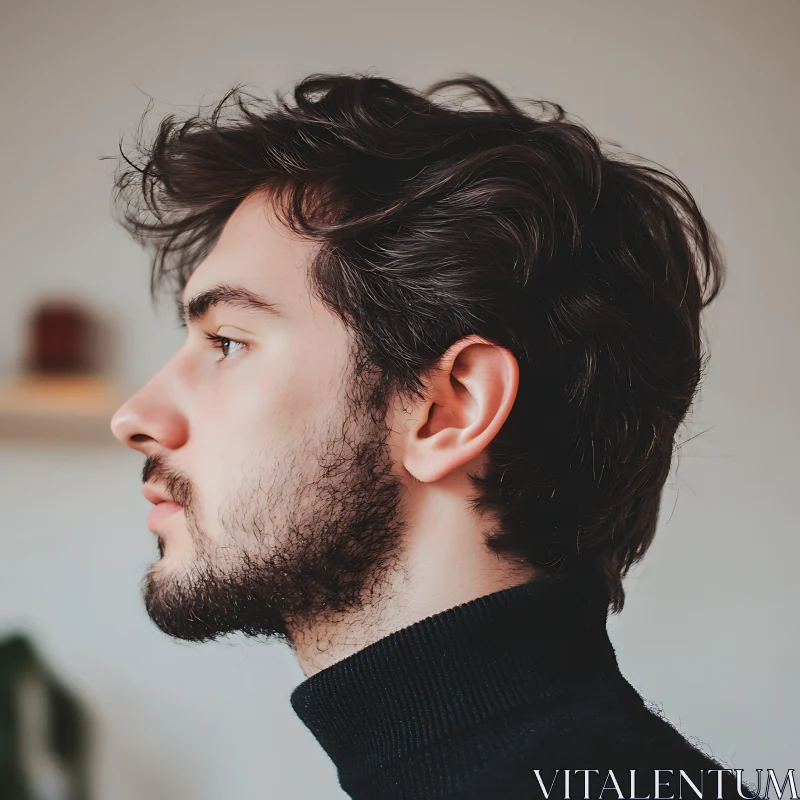 Portrait of a Bearded Young Man in Black Turtleneck AI Image