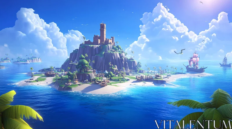 Island Castle and Sailing Ships AI Image