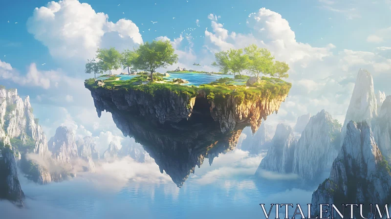 Fantasy Floating Island Scene with Mountains and Clouds AI Image