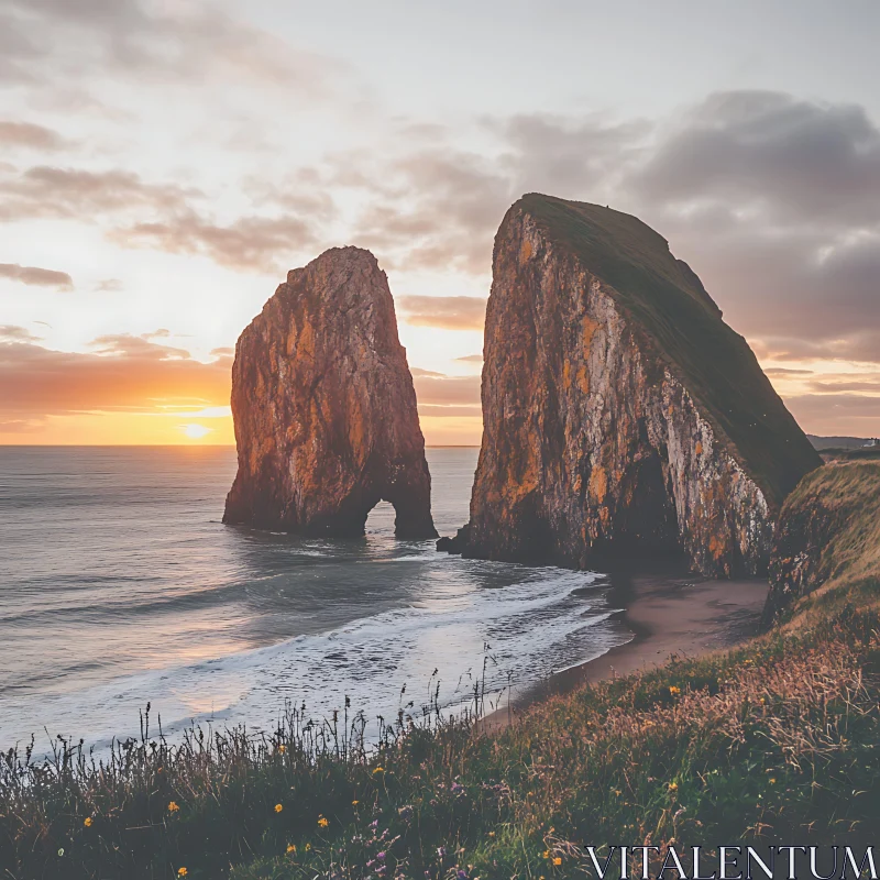 AI ART Seaside Rock Formations at Sunset