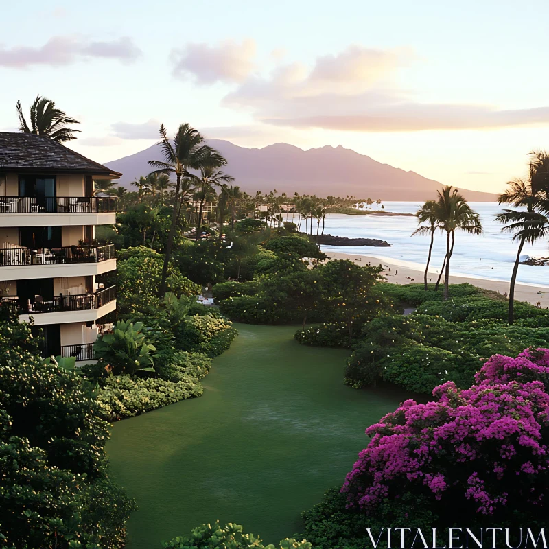 Scenic Island Resort View with Palm Trees and Sunset AI Image