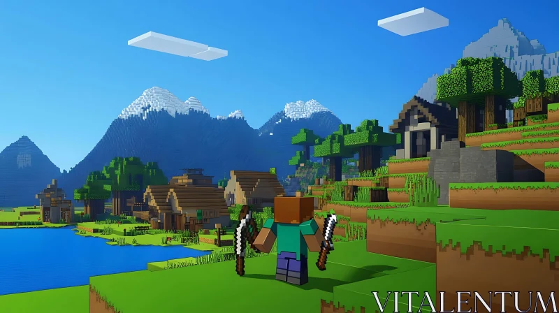 Minecraft Landscape with Village and Mountains AI Image