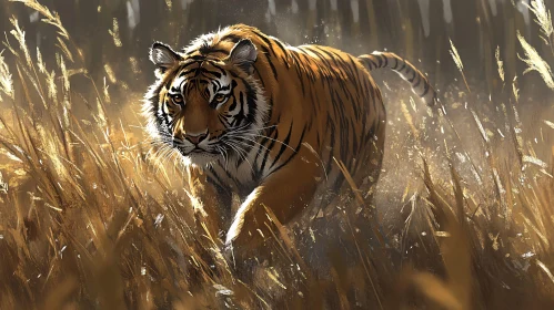 Wild Tiger in Golden Grass