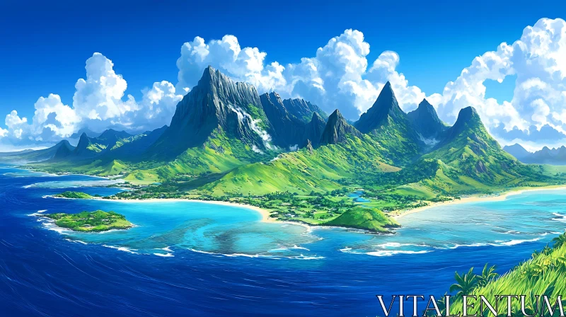 Tropical Island Paradise with Lush Mountains AI Image