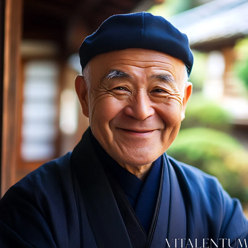 Portrait of a Smiling Elderly Man in a Beret AI Image