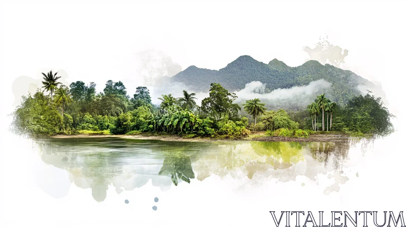 Tranquil Lakeside Vista with Misty Mountains AI Image