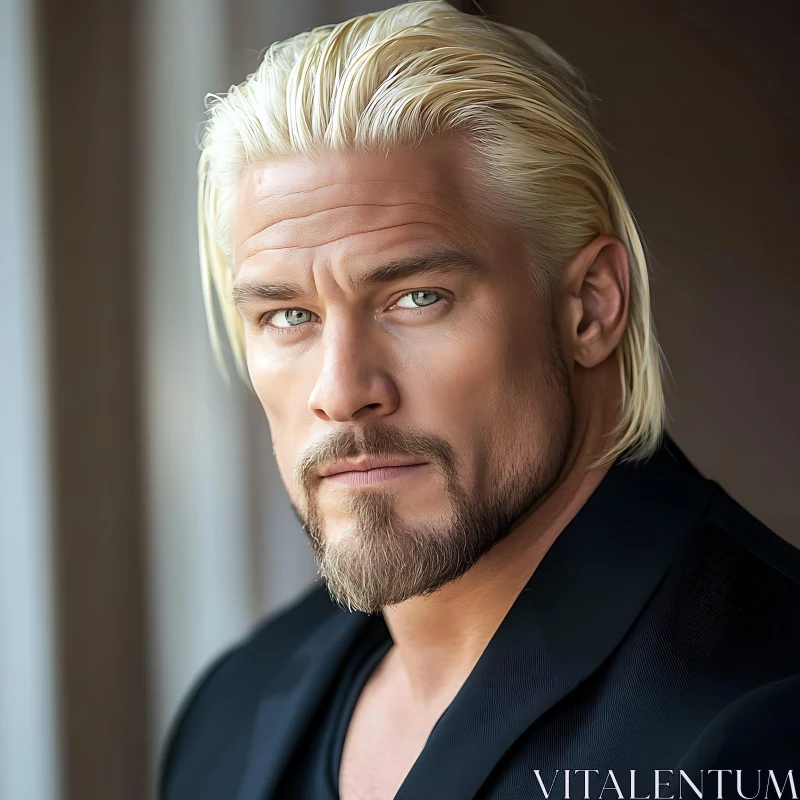 Focused Man with Blonde Hair and Beard in Black Suit AI Image