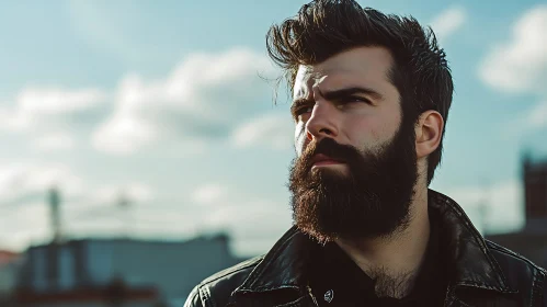 Gazing Man with Styled Hair and Leather Jacket