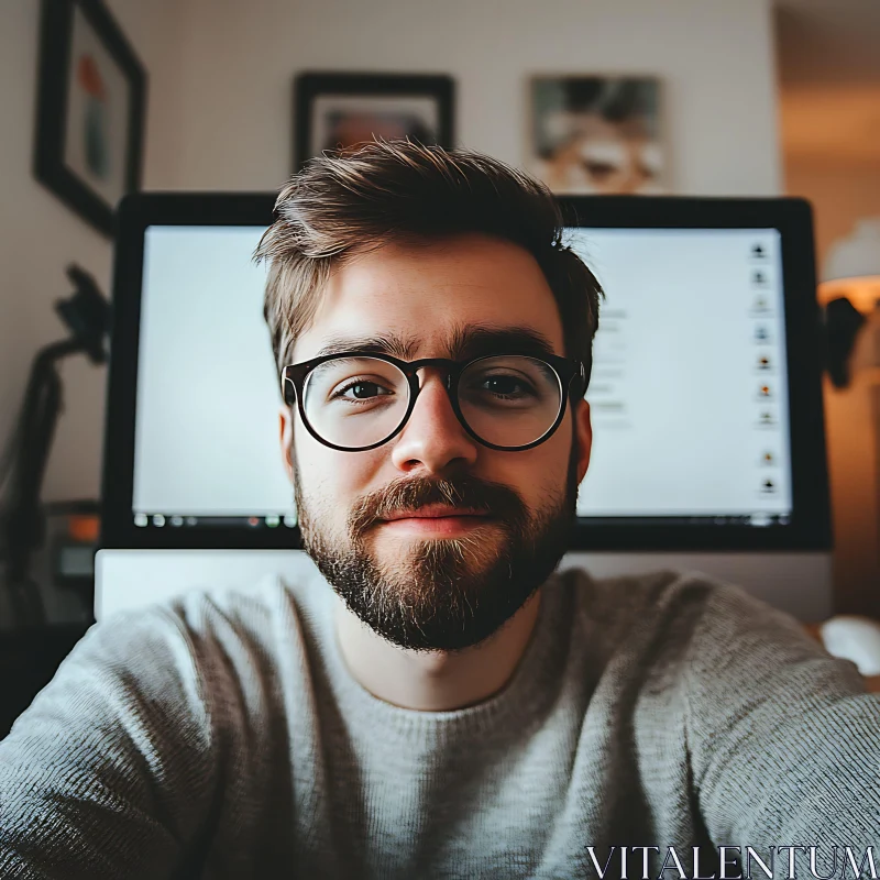 Bearded Man Close-up in Front of Computer AI Image