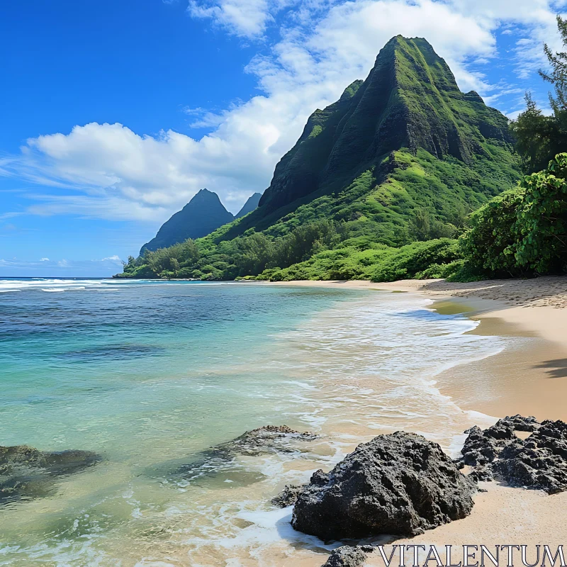 Tropical Beach with Verdant Mountains and Turquoise Waters AI Image