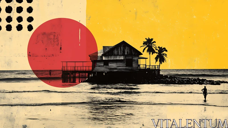 Beach Scene with Wooden Cottage and Red Sun AI Image