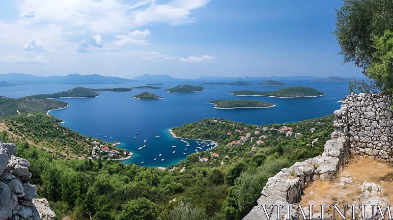 Scenic Island Landscape with Green Hills and Sailboats AI Image