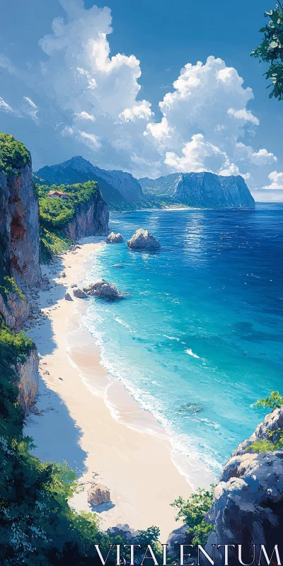 AI ART Scenic Coastal View with Blue Skies and Sandy Beach