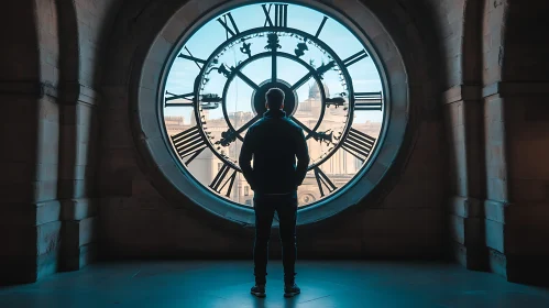 Silhouette of Man by Large Roman Numeral Clock