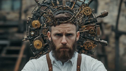 Complex Steampunk Head Apparatus on Bearded Man