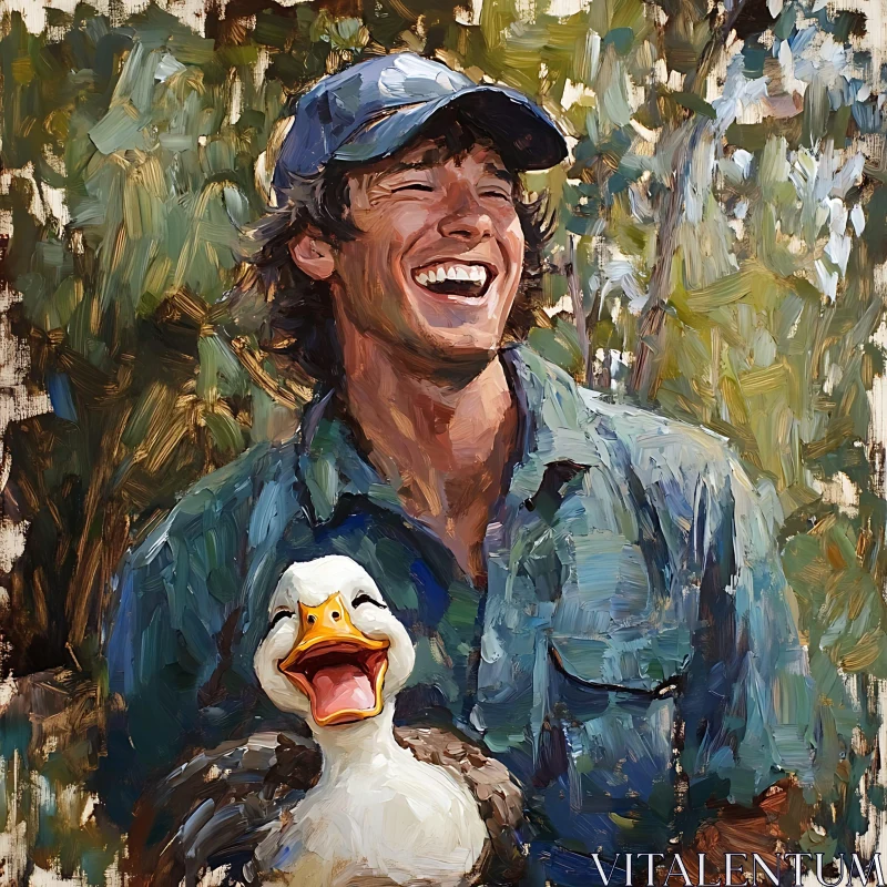 Joyful Painting of Man with Laughing Duck AI Image