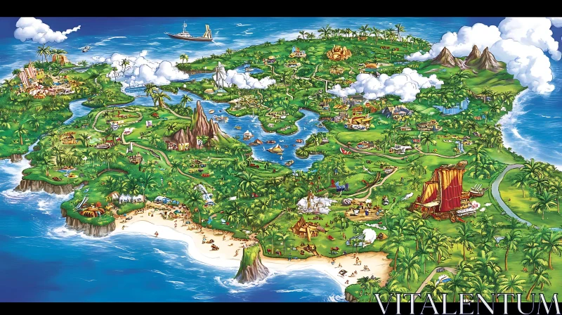 Detailed Cartoon Island Map with Tropical Features AI Image