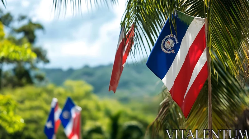 Flags Among Palm Trees and Mountainous Backdrop AI Image