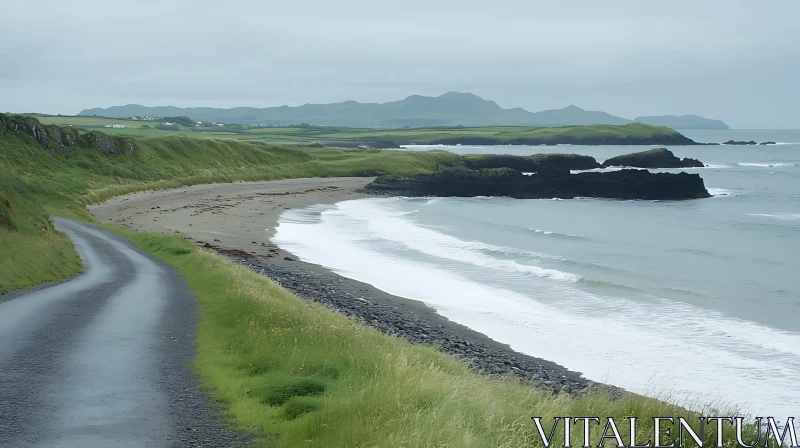 Peaceful Coastline with Green Cliffs and Rolling Waves AI Image