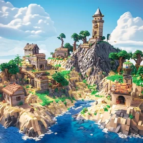 Charming LEGO Village on a Rocky Hill with Tower and Blue Water