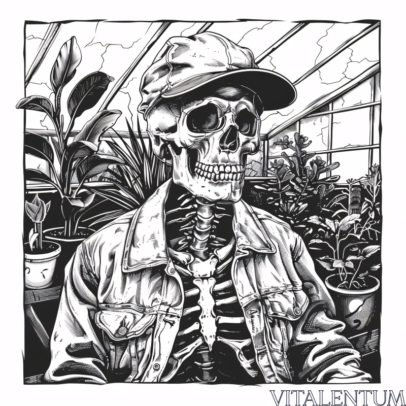 AI ART Skeleton with Plants in Greenhouse