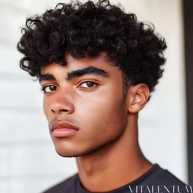 Close-up of Youthful Male with Curly Hair AI Image