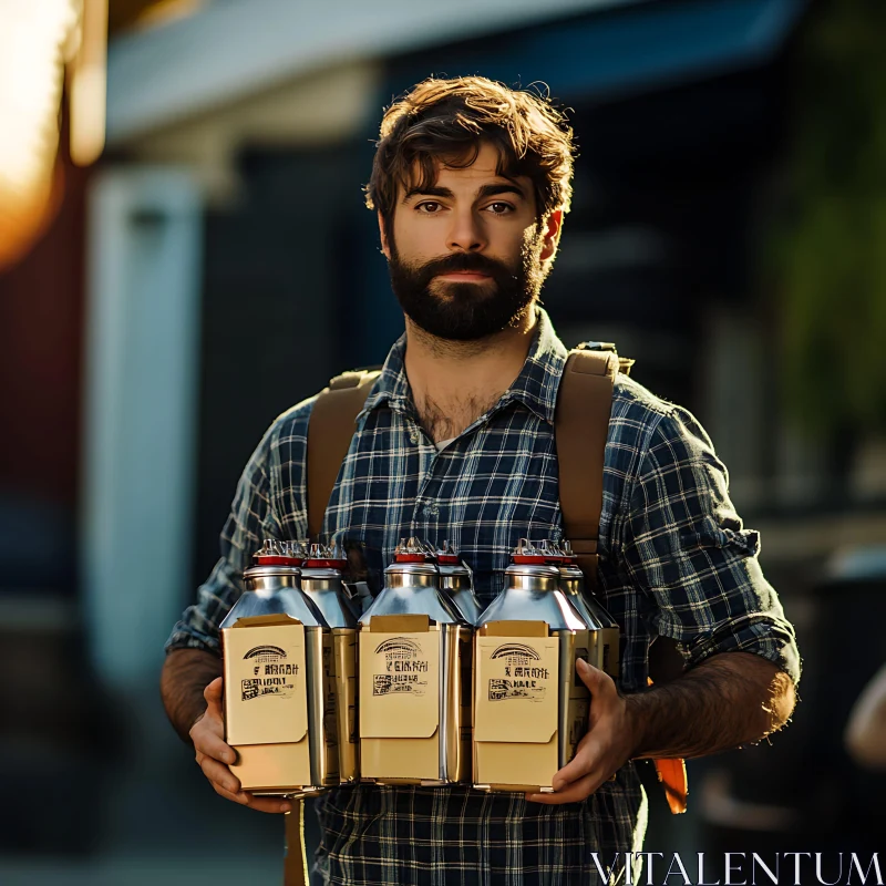 Man in Plaid Shirt with Milk Bottles at Sunset AI Image