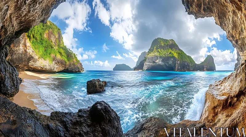 Scenic Island Beach Seen from Cave AI Image