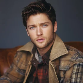 Young Man with Blue Eyes in a Plaid Shirt