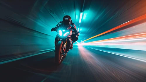 Motorcyclist Racing in Tunnel with Blurred Lights