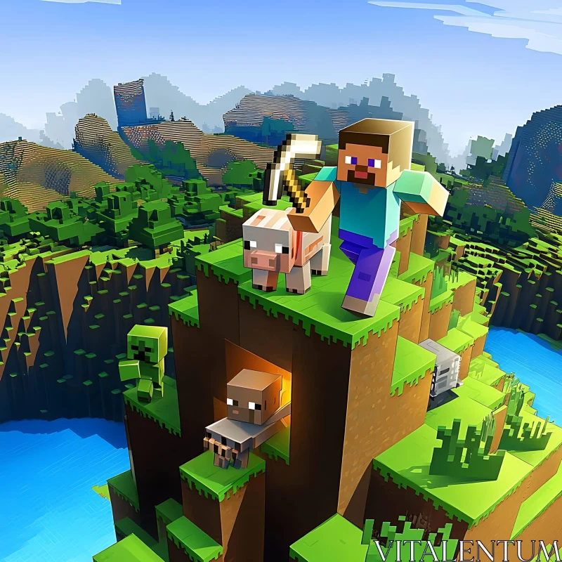 Exploring Minecraft: Character and Animal on Grassy Hill AI Image