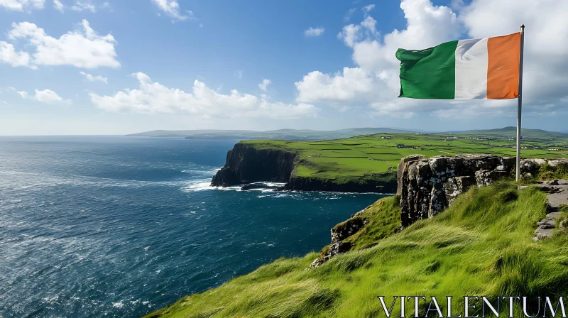 Irish Coastal Landscape with National Flag AI Image