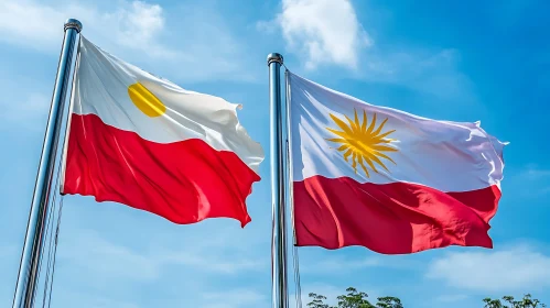 Distinctive Flags Fluttering in Blue Sky