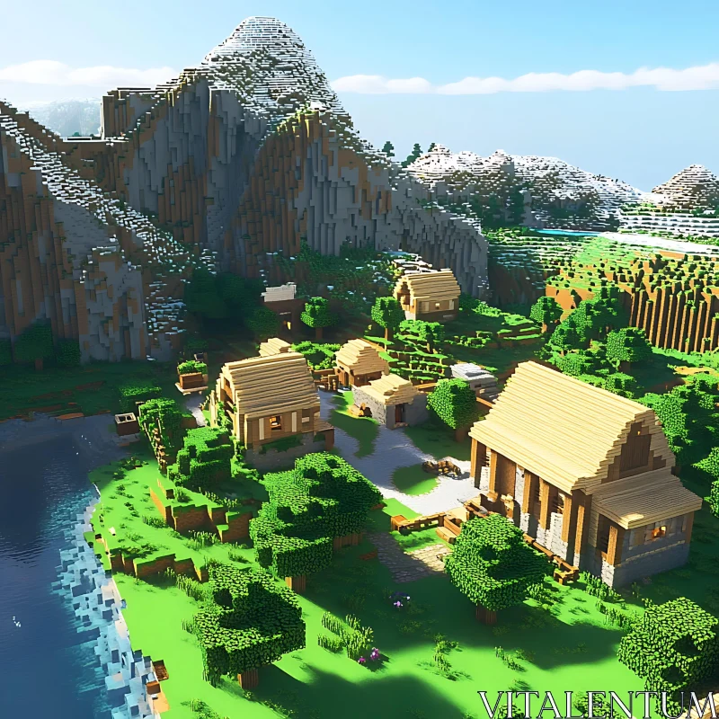 Peaceful Minecraft Village in Mountainous Terrain AI Image