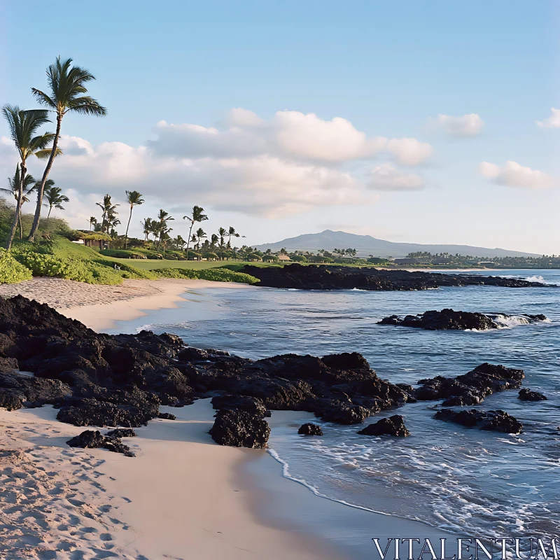 Tropical Island Coastline with Palm Trees and Mountains AI Image