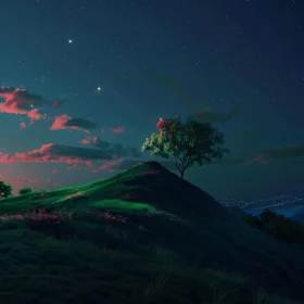 Starlit Hill and Tree Under Night Sky