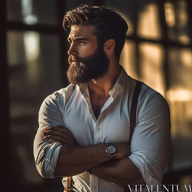 Portrait of a Bearded Man in Classic Attire AI Image