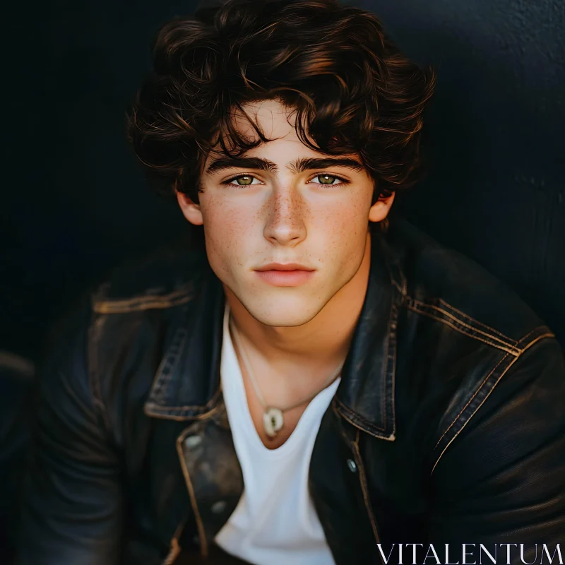 Young Man with Freckles in Leather Jacket AI Image