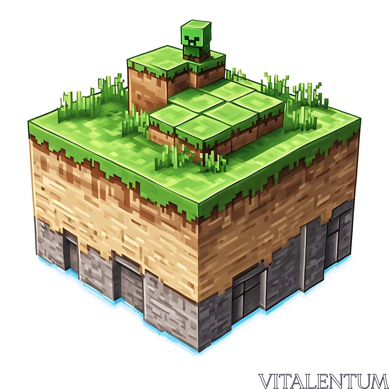 Voxel Block with Earth Layers and Grass Top AI Image