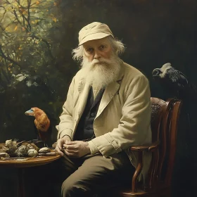 Contemplative Elder with Birds in Nature