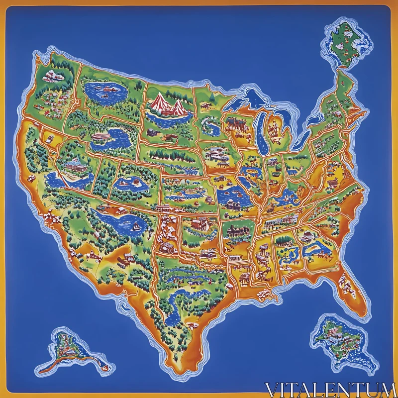 US Illustrated Map with Landmarks AI Image