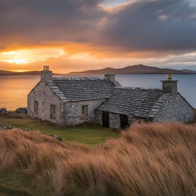 Sunset Over a Charming Stone Cottage by the Water