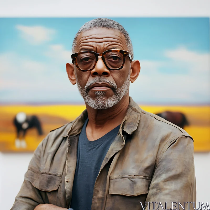 Serious Elderly Man with Brown Glasses in Art Setting AI Image