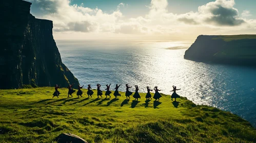 Graceful Dancers on a Sunlit Cliff by the Ocean